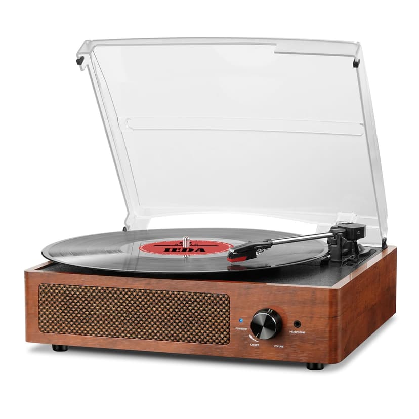 Record Player for Vinyl with 2 Build-in Speakers LP Vinyl Players Belt-Driven Vintage Turntables 3 Speed 3 Size, Wireless Bluetooth Playback, AUX-in,RCA Out, Headphone, Auto Stop Wood