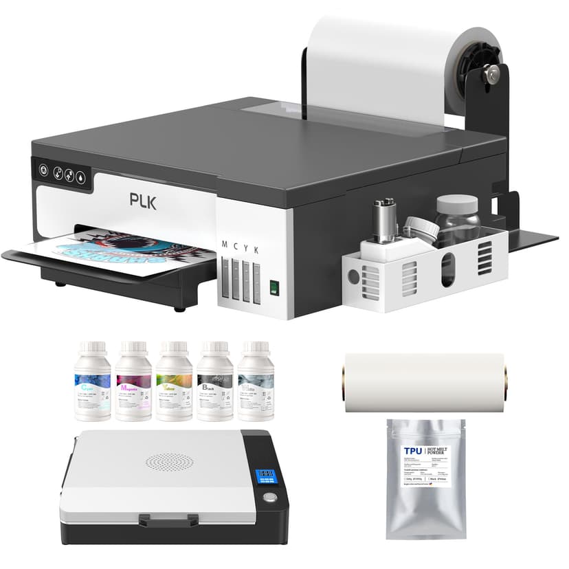 PLK A4 DTF Printer, XP600 DTF Printer,Double Speed,Sheet&Rolls Film,Built-in Film Cutter, L8058 Transfer Machine with White Stirring System 100% Transfer DIY Printing(with Oven Bundles)