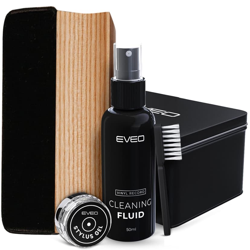 EVEO Vinyl Record Cleaning Kit - 4-in-1 Premium Vinyl Record Cleaner & Vinyl Cleaning Kit with Velvet Brush, Vinyl Cleaner Liquid, Duster & Turntable Stylus Gel