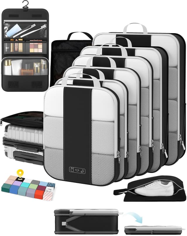 10 Set Compression Packing Cubes for Travel Essentials,Compressible Expandable Packing Cubes for Suitcase,OlarHike Luggage Organizer Bags for Travel,Handy Helper for Organizing Clothes(Black)