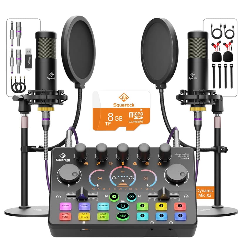 Podcast Equipment Bundle for 2, with XLR Dynamic Microphone, TF card, 5RGB,Surround Sound,Suitable for Live Streaming/TikTok/YouTube, Compatible with iOS,Android,PC,Camera RS2
