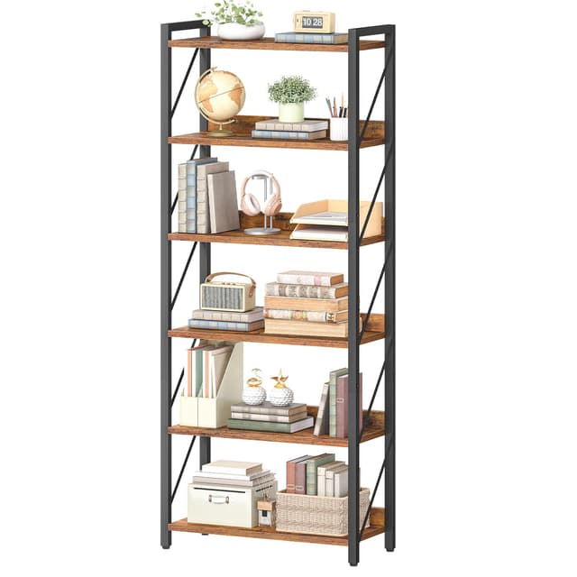 HOOBRO Bookshelf, 6-Tier Industrial Bookcase, Book Shelf Storage Organizer, Tall Bookshelf with Metal Frame for Living Room, Bedroom, Home Office, Kitchen, Rustic Brown and Black BF726SJ01