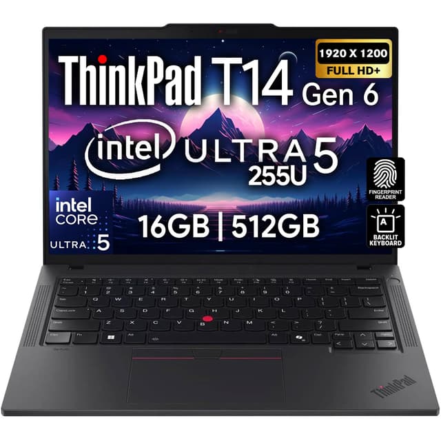Lenovo ThinkPad T14 Gen 6 Business Laptop 14" FHD+ IPS, Intel Ultra 5 225U, 16GB DDR5 RAM, 512GB SSD, 5MP HD Webcam, Fingerprint, Backlit, Wi-Fi 6E, 2 Thunderbolt 4, AI PC
