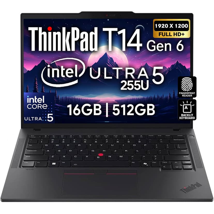 Lenovo ThinkPad T14 Gen 6 Business Laptop 14" FHD+ IPS, Intel Ultra 5 225U, 16GB DDR5 RAM, 512GB SSD, 5MP HD Webcam, Fingerprint, Backlit, Wi-Fi 6E, 2 Thunderbolt 4, AI PC