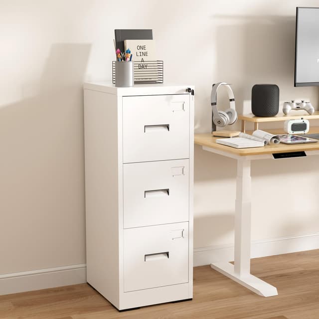 Glyxxen 3 Drawer File Cabinet with Lock, Vertical Filing Cabinets for Home Office, Heavy Duty File Cabinet, Metal Storage Cabinets for Letter/Legal/A4/F4 Size Assembly Required, White