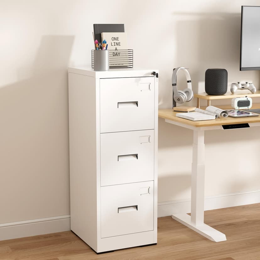Glyxxen 3 Drawer File Cabinet with Lock, Vertical Filing Cabinets for Home Office, Heavy Duty File Cabinet, Metal Storage Cabinets for Letter/Legal/A4/F4 Size Assembly Required, White