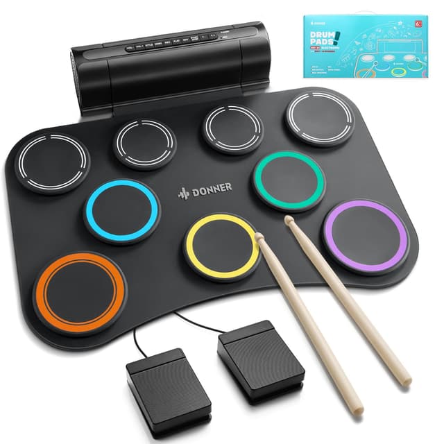 Donner Electric Drum Pad, 9 Pads Electronic Drum Set Roll Up Quiet Drum Pad Built-in Speaker, 40 Drum Lessons Included, Kids Holiday & Birthday Instrument Toys