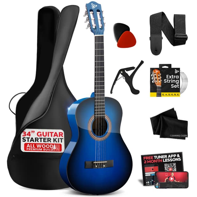 Pyle Beginner Acoustic Guitar Kit, 1/2 Junior Size All Wood Build Nylon String Instrument with Capo, Strap, Extra String Set, Gig Bag, Guitars for Beginners Adults Youth, 34" Blue Burst Gloss