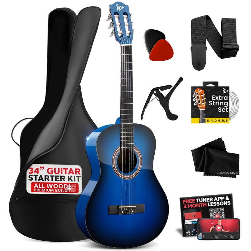 Pyle Beginner Acoustic Guitar Kit, 1/2 Junior Size All Wood Build Nylon String Instrument with Capo, Strap, Extra String Set, Gig Bag, Guitars for Beginners Adults Youth, 34" Blue Burst Gloss
