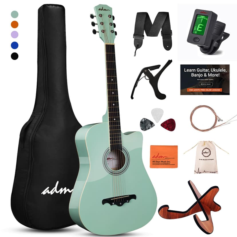 ADM 38" Inch Acoustic Guitar Bundle for Beginners Adults with Online Lesson, Cutaway Wood Acustica Guitarra Starter Set Package with Gig Bag, Strap, Steel Strings, Picks, Capos, Stand, Green