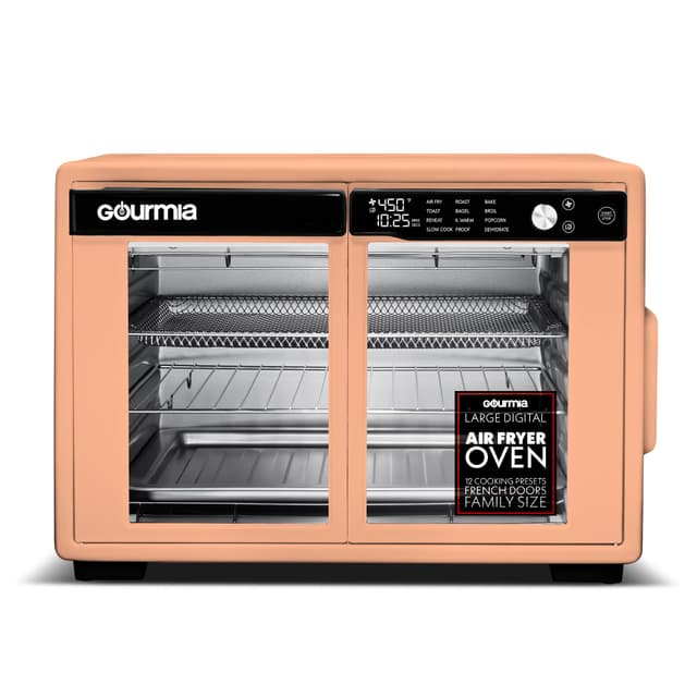 Gourmia French Door Air Fryer Oven - 37 Qt Large Capacity Convection Toaster Oven, FryForce 360°, Digital Display, 12 Cooking Presets, Dehydrate, Fits 13” Pizza, Dishwasher-Safe, Peach