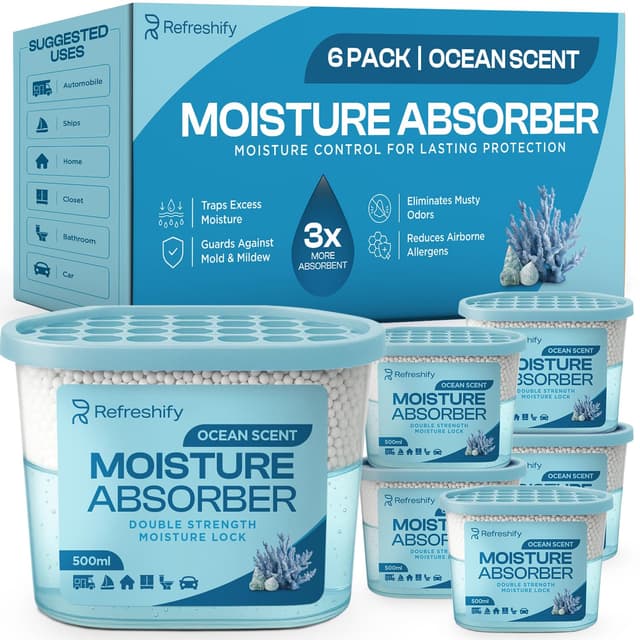 Premium Moisture Absorbers and Dehumidifier Tubs – High-Efficiency Closet Dehumidifier, Ocean Scent, 6 Pack, 7.5 Oz