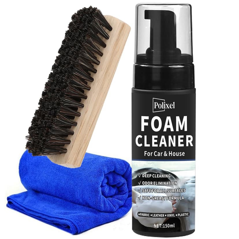 POLIXEL Car Interior Foam Cleaner - Powerful Waterless Carpet Upholstery & Seat Stain Remover for Leather, Fabric, Vinyl - Auto Detailing Spray with Brush Safe for All Cars - 5oz / 150ml