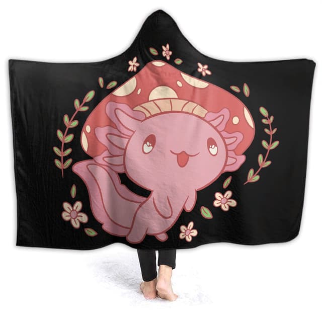 ARTIEMASTER Axolotl and Mushroom Hooded Blanket Soft and Lightweight Flannel Throw Suitable for Use in Bed, Living Room and Travel 60"x50" for Teens