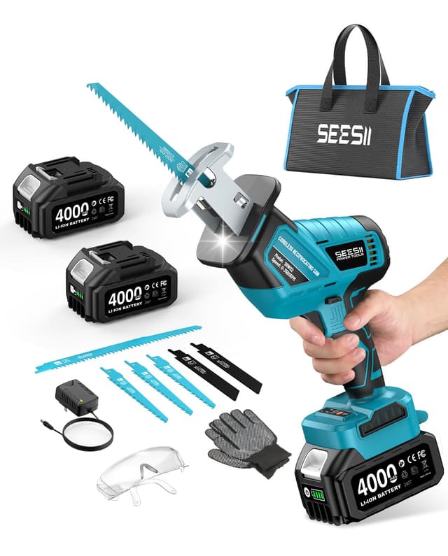 SEESII Reciprocating Saw Cordless, Variable Speed 3500 RPM Brushless Motor with 8 Saw Blades, 2 x 4.0Ah Batteries, LED Light, Tool‑Free Blade Change, Portable for Wood PVC Cutting