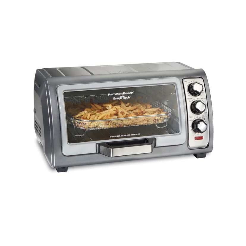 Hamilton Beach Air Fryer Toaster Oven Combo with Large Capacity, Fits 6 Slices or 12” Pizza, 4 Cooking Functions for Convection, Bake, Broil, Roll-Top Door, Easy Reach Sure-Crisp, Stainless Steel