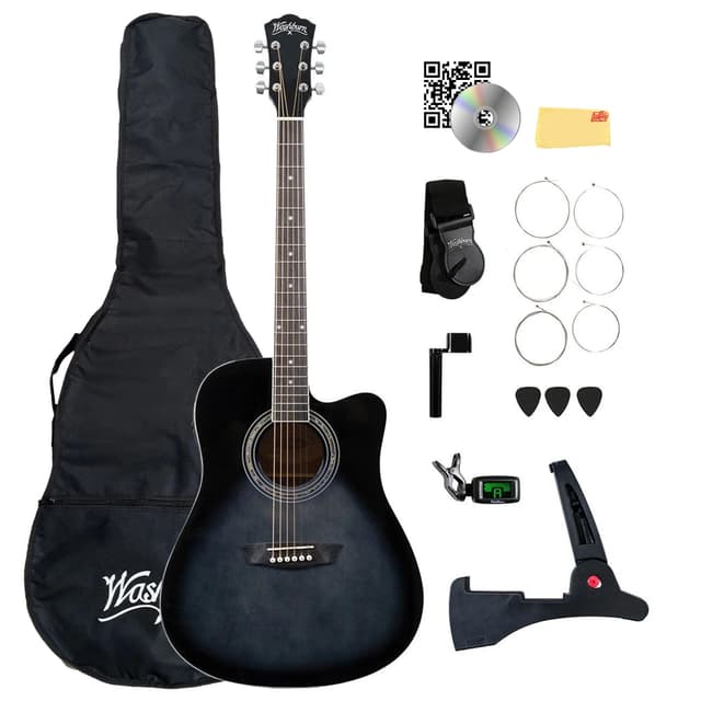 Washburn WA90CE Acoustic-Electric Guitar Kit - Black Bundle with Gig Bag, Strap, Picks, Strings, Stand, Instructional DVD and Austin Bazaar Polishing Cloth