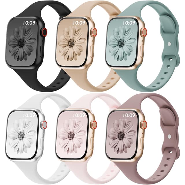 6 Pack Thin Bands Compatible with Apple Watch Band 38mm 40mm 41mm 42mm 44mm 45mm 46mm 49mm Women Men, Sport Silicone Strap Slim Wristband for iWatch Series 11 10 9 8 SE 7 6 5 4 3 2 1 Ultra