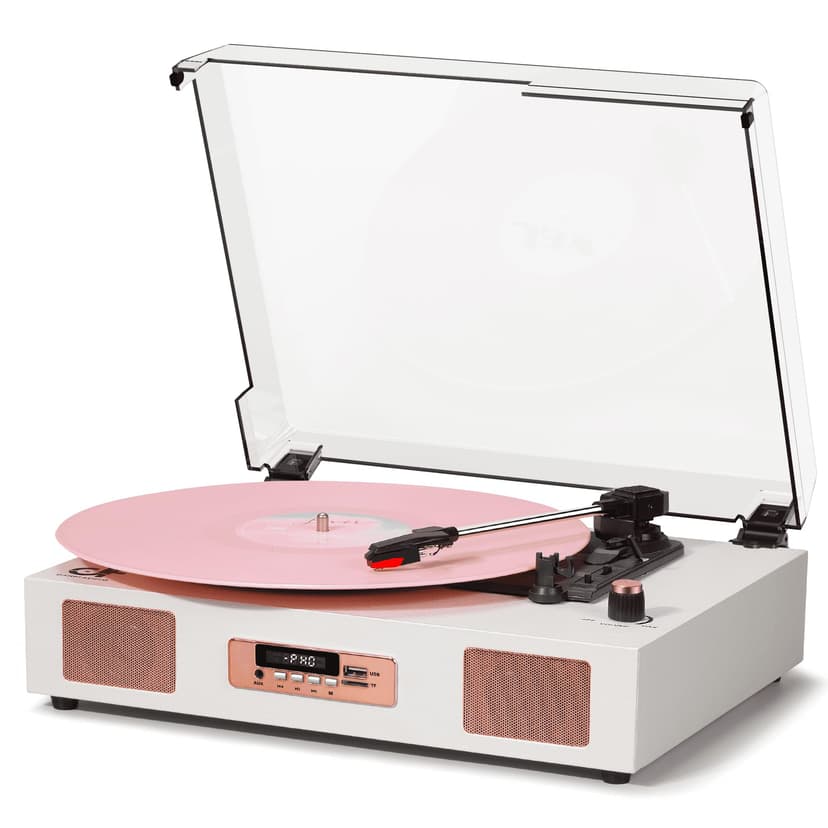 Vinyl Record Player Vintage Wireless Bluetooth Record Player with Stereo Speakers, USB/TF Card Recording, LP Player with 3 Speed Belt Drive Turntable Support RCA Line-Out AUX Input EQ,White& Rose Gold
