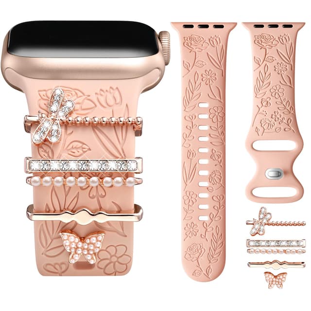 DaQin Flower Engraved Band Compatible with Apple Watch Bands 44mm 42mm 45mm 46mm for Women, Soft Silicone Strap With Decorative for Apple Watch Charms for iWatch Series 11 10 9 8 7 6 5 4 3 2 1 SE