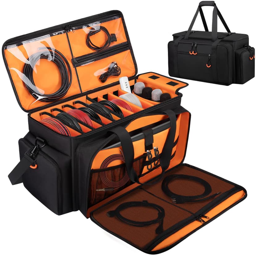 Wigojoy Large Dj Cable Bag with Laptop and Microphone Pocket, Dj Bag for Equipment and Music Accessories with Detachable Dividers, Bottom Pad, Dj Gig Bags for Musicians, Professional, Travel, Orange