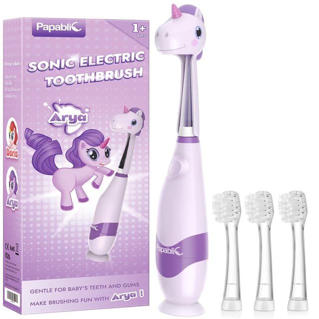 Papablic Toddler Sonic Electric Toothbrush Kids for Ages 1-3 Years, Baby Electric Toothbrush with Cute Unicorn Cover and Smart LED Timer, 4 Brush Heads (Arya)