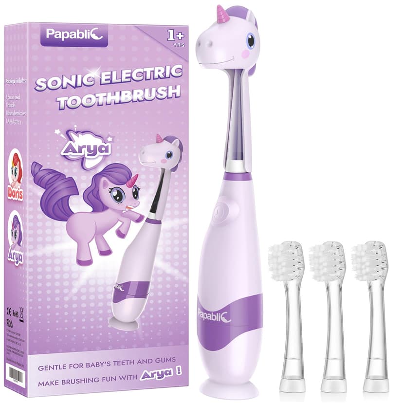 Papablic Toddler Sonic Electric Toothbrush Kids for Ages 1-3 Years, Baby Electric Toothbrush with Cute Unicorn Cover and Smart LED Timer, 4 Brush Heads (Arya)