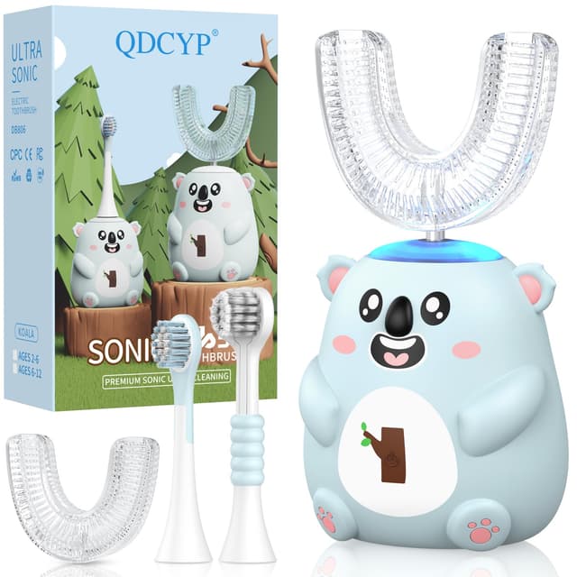 QDCYP Kids U Shaped Electric Toothbrush, Automatic 360° Sonic Cleaning, 6 Modes, 4 Brush Heads, Cute Cartoon Koala Design (2-6 Age (Grey Blue))