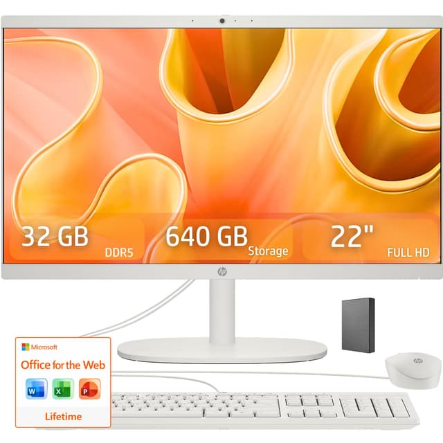 HP 22" FHD All-in-One Desktop Computer • 32GB DDR5 RAM • 512GB External and 128GB UFS Storage | The New Version for Everyday Efficency • Latest 13th Gen Intel Quad-Core • Office 365 for The Web