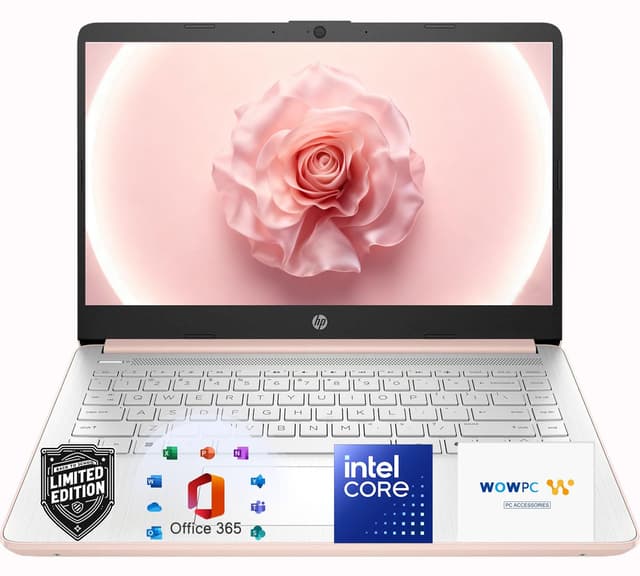 HP 14″Rose Gold Lightweight Laptop, with Office 365 & Copilot AI, Intel Processor, 4GB RAM Memory, 1.6TB Storage (64GB SSD + 512GB Portable + 1TB OneDrive)