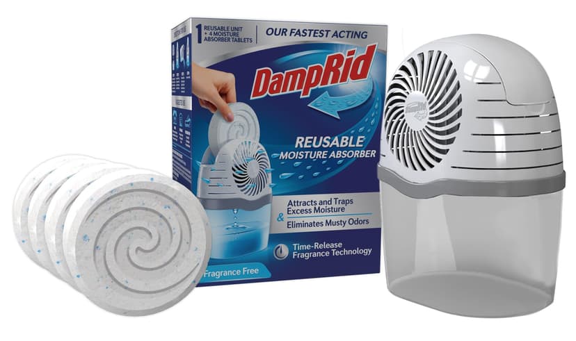 DampRid Reusable Moisture Absorber with 4 Drop-In Tablets, Fragrance Free, 15.8 oz., Attract and Trap Excess Moisture & Eliminate Musty Odors for Cleaner, Fresher Air