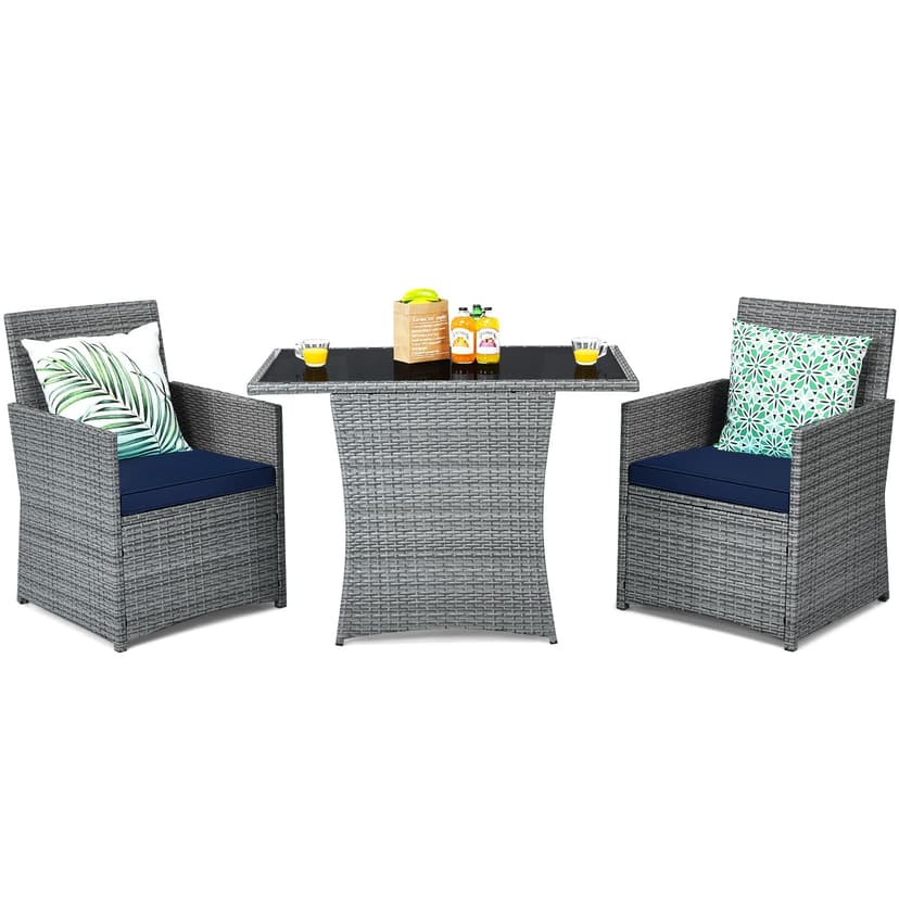 Tangkula 3 Pieces Patio Dining Set, Patiojoy Space-Saving PE Rattan Bistro Set with Tempered Glass Top Table and Cushioned Chairs, Outdoor Conversation Set for Garden, Backyard, Poolside, Porch