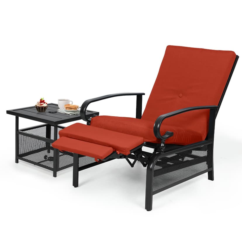 Oakcloud Adjustable Outdoor Lounge Chair Metal Patio Relaxing Recliner Chair Set with Bistro Table and Removable Cushions(Red)