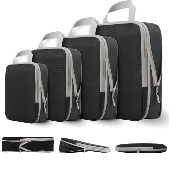 Compression Packing Cubes for Travel, 4 Set Expandable Packing Organizers, Lightweight Luggage Organizer Bags, Travel Essentials for Carry on, Handy Helper for Organizing Clothes,Black