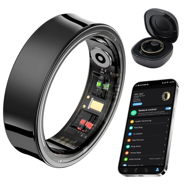 AMOVAN Smart Ring for Women Men, Fitness Tracker Ring with Body Temperature, Heart Rate, Blood Oxygen, Sleep Monitor, Calories, No Subscription Fee, IP68 Waterproof for iPhone & Android (Black, #13)