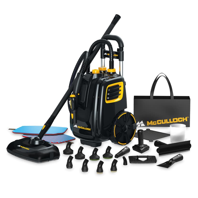 McCulloch MC1385 Deluxe Canister Steam Cleaner, 2-Hour Runtime, Chemical-Free, 23 Accessories: Mop Head, Brushes & More - Built for Home, Tile, Carpet, Furniture, & Personal Car Detailing