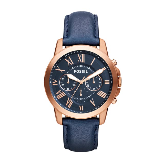 Fossil Men's Watch, Grant Quartz Stainless Steel and Leather Chronograph Watch for Men, Color: Rose Gold, Navy