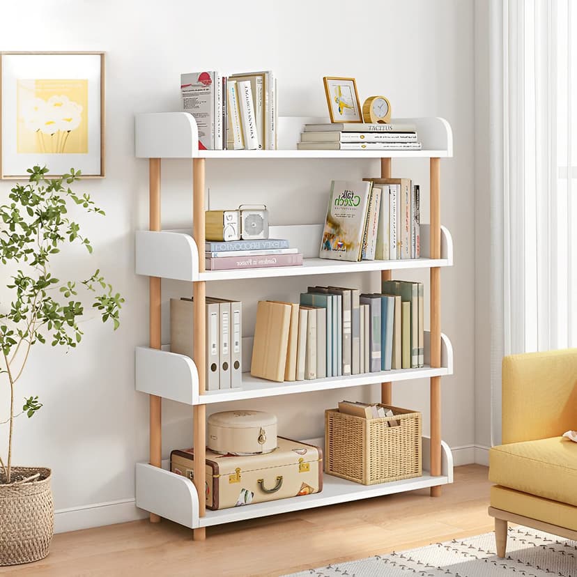 OSCHF 4-Tier Wooden Open Bookcase - Modern Display Bookshelf with Top Edge and Solid Wood Frame for Home and Office, Storage Cabinet, Warm White