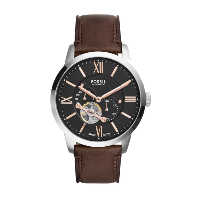 Fossil Men's Watch, Townsman Automatic Stainless Steel and Leather Two-Hand Skeleton Watch for Men, Color: Silver, Brown
