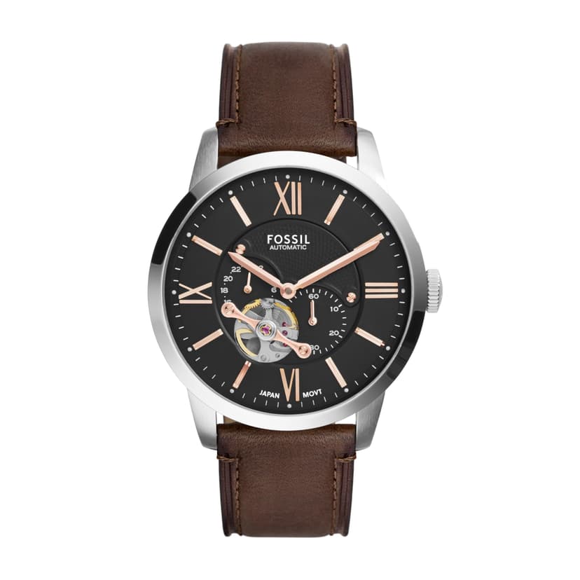 Fossil Men's Watch, Townsman Automatic Stainless Steel and Leather Two-Hand Skeleton Watch for Men, Color: Silver, Brown