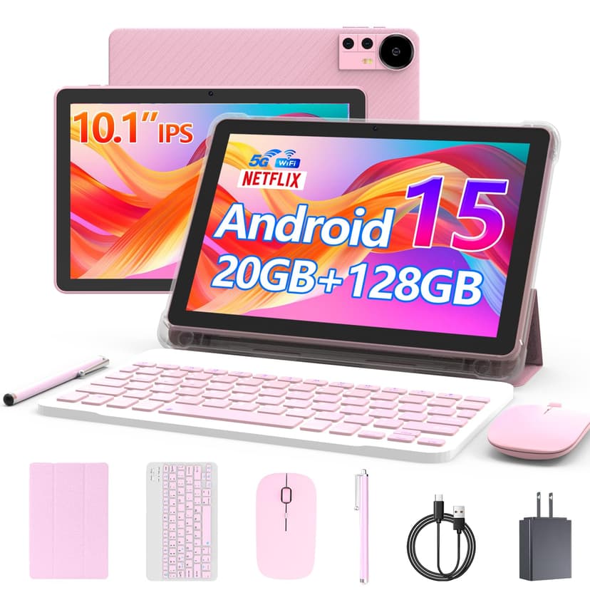 CUPEISI Android 15 Tablet 10 Inch, 20GB RAM+128GB ROM/ 2TB Expandable, 2.0GHz Quad-core Processor, 1280*800 HD Screen, 5G WiFi6 BT 5.0, 2 in 1 Tablets with Keyboard Case Mouse Stylus, Widevine L1 Pink