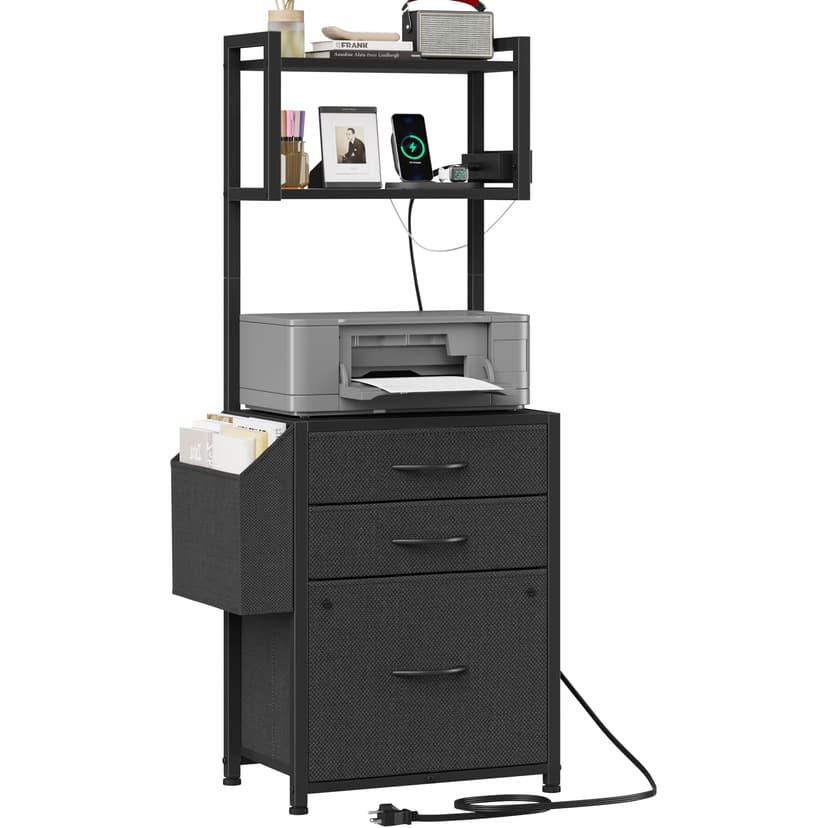 HIGDBFE Small 3 Drawer File Cabinet with Charging Station, 45''H, 3-Tier Filing Cabinet for Home Office, 11''*16'' for Small Printer, Fabric Drawer Fits Letter/A4, Tall Printer Stand, Black
