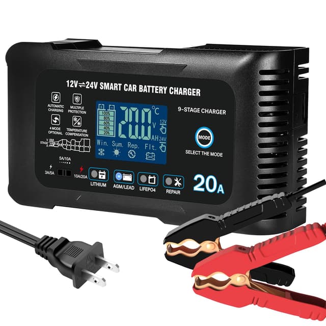 YHCHKJ 20Amp: 12/24V Smart Car Battery Charger – Automatic Maintainer, Trickle Charger & Desulfator with Overcharge Protection & Temperature Compensation – for Lead-Acid & Lithium & LiFePO4 Batteries