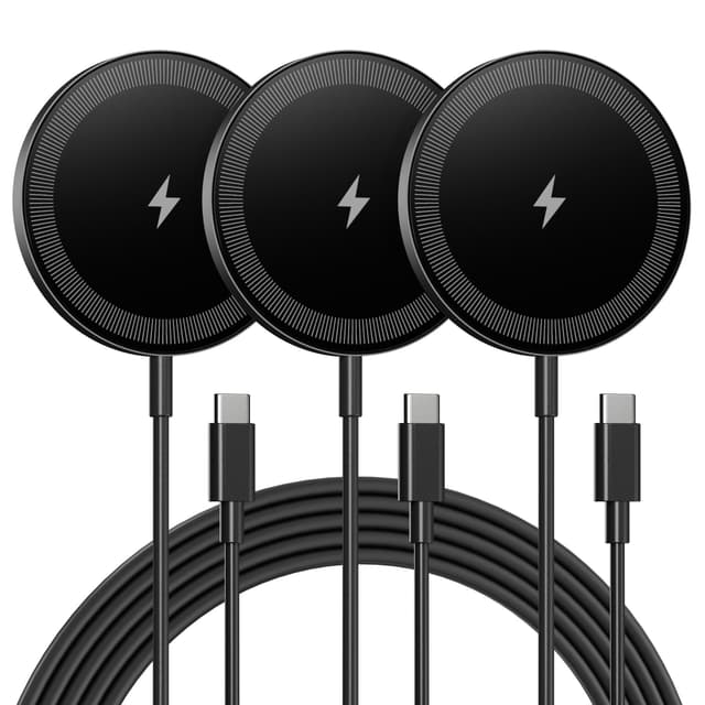 Magnetic Wireless Charger Charging Pad: 15W Qi Fast Portable Slim Charger Puck for iPhone 17 Air 16e 16 Pro Max 15 14 13 12 Series & Samsung Galaxy S25 Ultra- Include USB-C/A Dual Ports (3Pack Black)