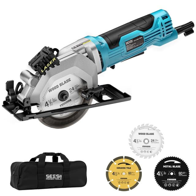 Seesii Mini Circular Saw with Laser Guide,4.8A 4000 RPM Compact Corded Circular Saw with Rip Guide,3 Blades (4-1/2") for Wood,Soft Metal,Tile,Plastic Cutting,Max Cut Depth 1-11/16"(90°),1-1/8" (45°)
