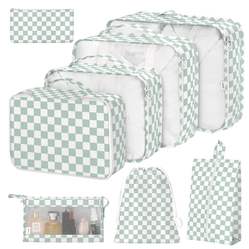 8 Set Packing Cubes for Suitcases,Suitcase Organizer with Shoe,Cosmetics,Clothing, and Accessories Bags for Travel Luggage Organizer Women Men(Green Checkered)