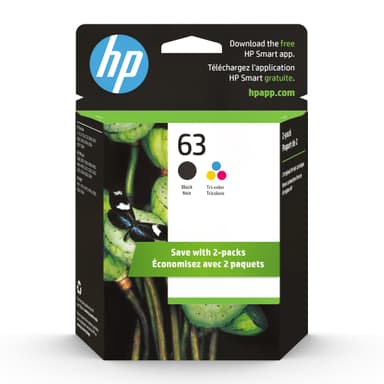 HP 63 Black, Tri-Color Ink Cartridge Printers (2-Pack), Works with DeskJet 1112, 2130, 3630 Series; Envy 4510, 4520; OfficeJet 3830, 4650, 5200, Eligible for Instant Ink, L0R46AN