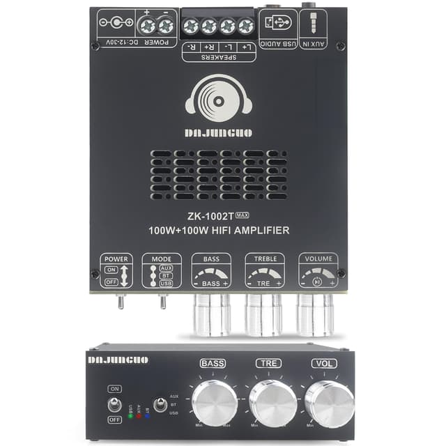 100W+100W Amplifier Board with Treble and Bass Control, DC 9-24V, BT and AUX Inputs, 2.0 Channel Stereo AMP Board for DIY Wireless Speakers, Password Free (1002T MAX (Black))