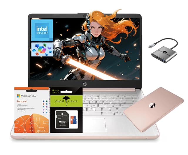 HP 14 Laptop, Quad-Core (Beat i3) 16GB RAM 256GB Storage(128GB UFS + 128GB SD Card) 1-Year Office 365 Copilot AI Computer for Student Study Back to School Win11 w/GM Accessory