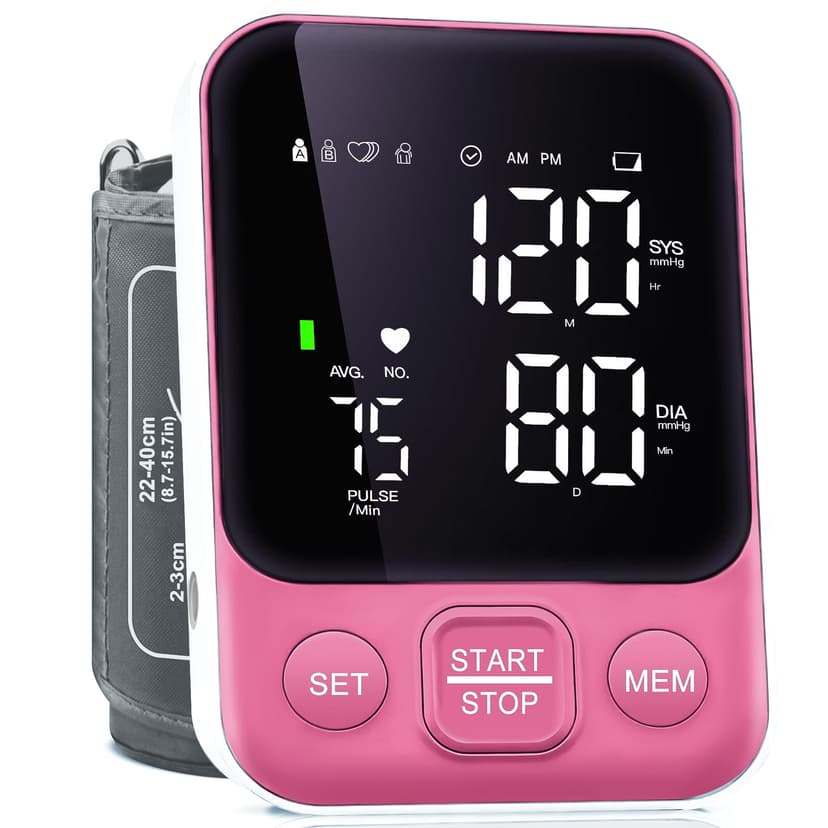 Blood Pressure Monitor Upper Arm Monitors for Home Use BP Machine with 2x120 Reading Memory Adjustable Arm Cuff 8.7"-15.7" Large Display with LED Background Light Storage Bag Pink